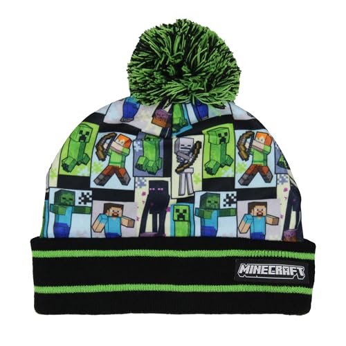 Minecraft Sublimated Character Graphic Kid's Novelty Knit Cuff Pom Pom Beanie Winter Hat Cold Weather OSFM Boy's Girl's Multicolored
