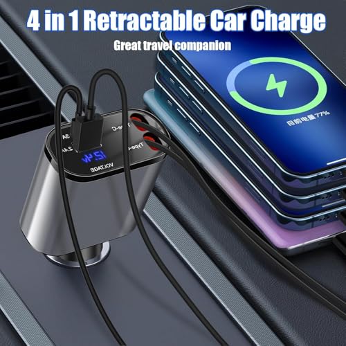 Image of 4-in-1 Retractable Car Charger, 100W Super Fast Charge, with 31.5-Inch Retractable Cables and Dual USB Ports, Compatible with All iPhone, iPad, Pixel, Tablets, All Android Phones