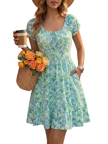 Image of HUHOT Teen Petite Women Floral Short Summer Mini Dresses with Pockets Cute Milkmaid Sundress 2026