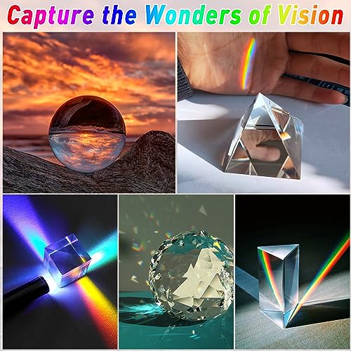 Akamino 5 Pack K9 Optical Crystal Photography Prism Set,50mm Lens Ball/50 mm Cube/50mm Triangular Prism/50mm Prism Pyramid/ 50mm Crystal Ball for Teaching, Playing, Photography (with 2Pcs Wipe Cloth)