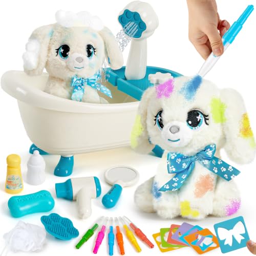 G.C Paint-Wash-Recolor Dog Plush Doll Toys for Kids Painting Craft Kit, Pretend Play Bath Toy with Bathtub, Blow Pen, Doodle Stuffed Animal Doll Painting Kit Gift for Boys Girls Ages 3 4 5 6 7 8