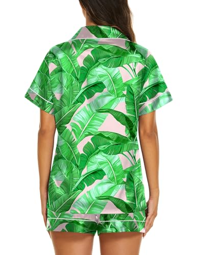 Image of Ekouaer Silk Pajamas for Women Short Sleeve Sleepwear Soft Button Down Loungewear 2 Piece Satin Pjs Shorts Set