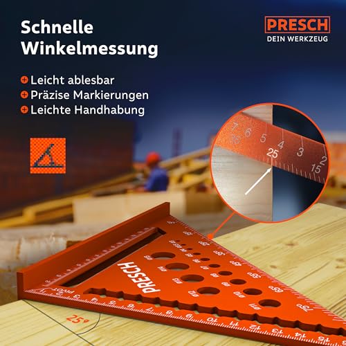 Presch Zimmermannswinkel Set - 180mm & 300mm - Innovative, abwischbare Notizfläche - Intelligente Bohrlehre für exakte Durchmesser - Hochpräzise gefrästes Aluminium für exakte 90° Winkel