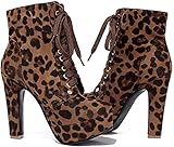 ForeMode Women Autumn Round Toe Lace up Ankle Buckle Chunky High Heel Platform Knight Boots(Leopard print,9.5