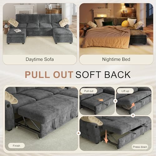 Image of Hanherry 104 inch Sectional Couch with Pull Out Sofa Bed,Chenille Sleeper Sofa with Storage Ottoman & USB Charging,Comfy U Shaped Modular Couches for Living Room,Apartment