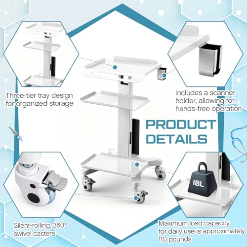 Image of DaisyInner Adjustable Mobile Medical Cart with Wheels, Laptop Rolling Cart with Storage Basket Large Tabletop Medical Trolley Workstation for Hospital, Lab Use (3 Tier)
