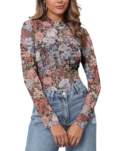 Womens Mesh Floral Long Sleeve Tops Lace Undershirt Mock Neck Going Out Sheer Blouses 2025 Trendy