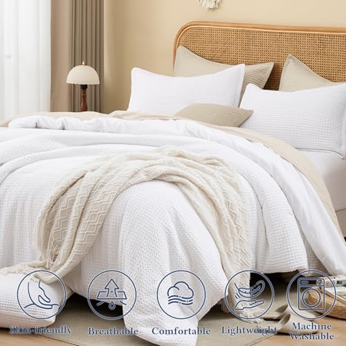 Image of David's Home Waffle Weave Comforter Set 3PCS King Size, Soft Breathable Lightweight Cozy Skin-Friendly Warm for All Season, Elegant Aesthetic Home Decor Bedding Set with Pillow Shams, White