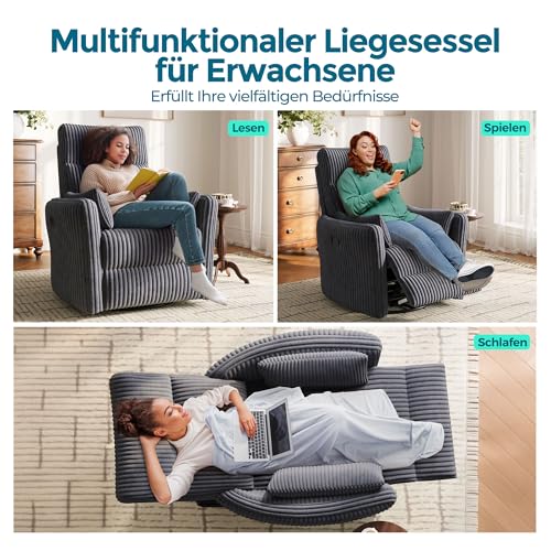 LINSY HOME 360 Swivel Nursery Relaxsessel, Corduroy TV Sessel mit 2 Kissen, Komfortabler High Back Sessel mit Liegefunktion für Kleine Räume, Kinderzimmer, Schlafzimmer, Wohnzimmer, Grau