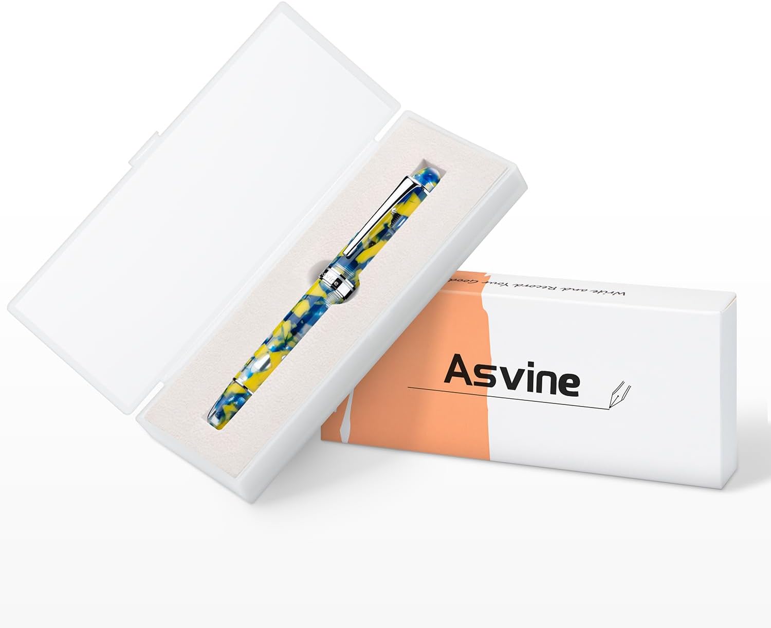 Asvine P50 Piston Fountain Pen Yellow Marble Resin, Medium Nib Silver Trim Smooth Writer Collection with Pen Case Gift Set