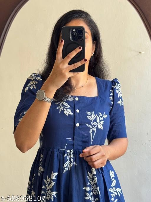 Image of Women's Cotton Floral Leaf Print Tiered Midi Dress - Square Neck, Short Sleeve A-Line Smock Dress for Casual Summer & Vacation Wear