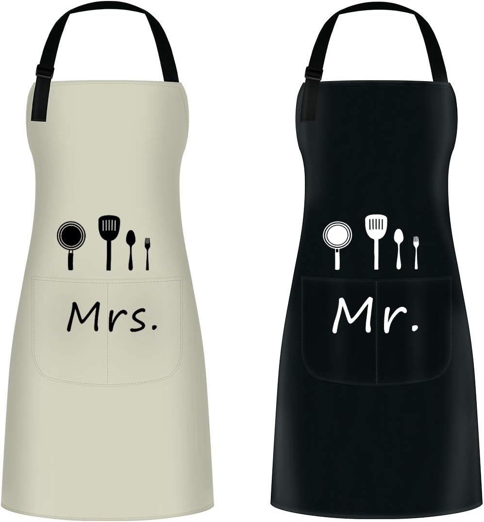 Mr. & Mrs. Couple Aprons Set（2PCS） Adjustable Kitchen Cooking Bib Apron Wedding Anniversary Engagement Bridal Shower Gift For Couples and Newlyweds
