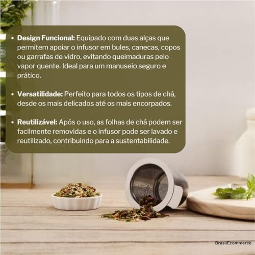 Infusor Filtro Coador de Chá em Aço Inoxidável com Tampa e Duas Alças para Apoio Durável Eficiente e