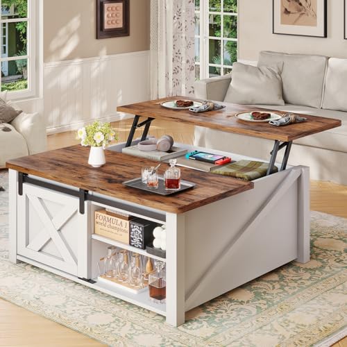 SEDETA 31.5″ Lift Top Coffee Table with Storage, Square Coffee Tables for Living Room, Farmhouse Coffee Table with Large Hidden Storage Compartment and Adjustable Shelves, White