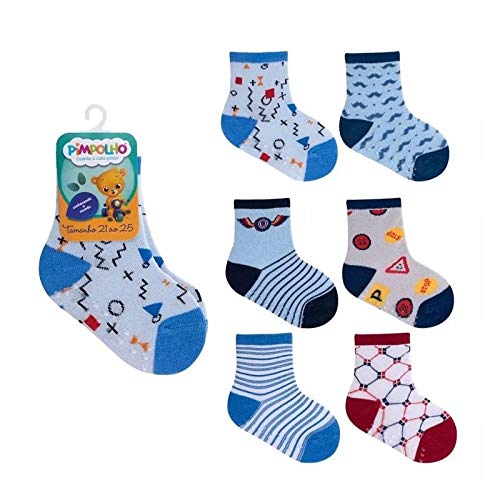 kit 12 Meias infantil antiderrapante masculina Pimpolho Cor:branco;Tamanho:21 a 25