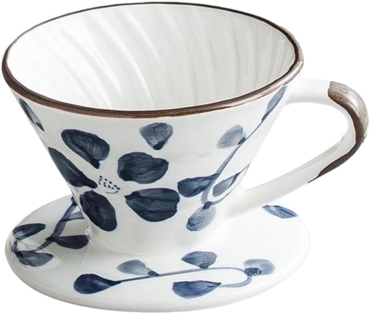 V60 セラミック コーヒードリッパー 和風 手描き フィルターカップ 錐形 欧風レトロ 耐熱陶器 食洗機 電子レンジ オーブン対応 ギア穴設計 青白磁 茶縁 ハンドドリップ コーヒー器具 おしゃれ 珈琲用品 (手描きフィルタカップトランペット)