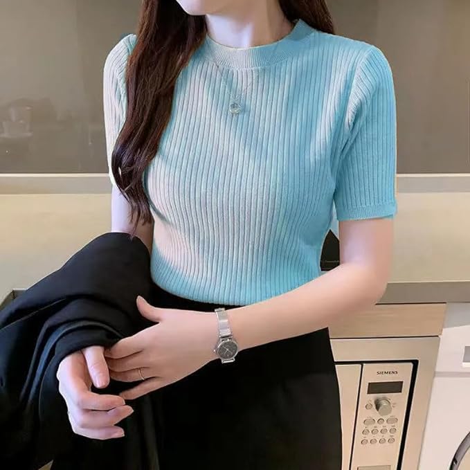 Image of Typical Fashion Women's Ribbed Knit Slim Fit Top - Short Sleeve, Round Neck, Stretchable Stylish T-Shirt for Casual & Formal Wear
