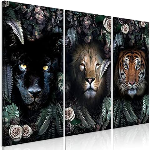 decomonkey | Canvas Print Animals Abstract | Full Size 135x90 cm | Wall Art | Wall Picture Non-Woven Canvas | Lion Flowers Leaves Roses Green Artwork Image Decoration Print | Set of 3 Panels 45x90 Cover