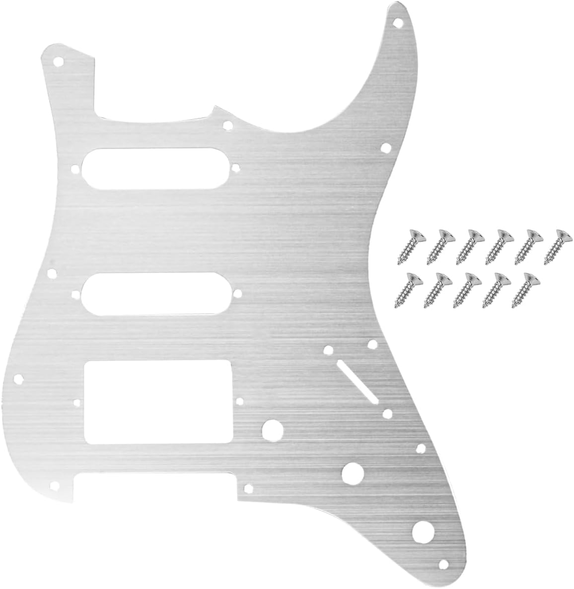 Pro 11-Hole Round Corner HSS Guitar Strat Metal Aluminum Pickguard for USA/Mexican Stratocaster 4-screw Humbucking Mounting Open Pickup, Silver-1ply (Anodized Aluminum).