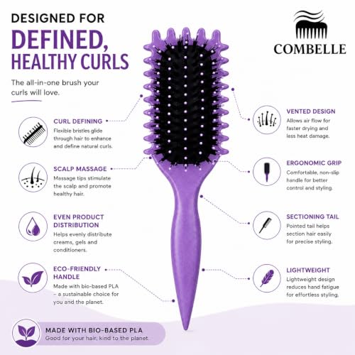 Image of Combelle 5-in-1 Curl Hair Brush | Vegan Boar Bristles | Bio-Based PLA Handle | Detangling, Defining & Frizz Control for Curly & Wavy Hair | For Men & Women - Purple