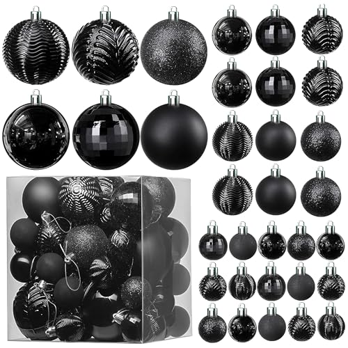 PREXTEX 36-Piece Black Christmas Ornaments - Shatterproof Tree Balls in 6 Styles and 3 Sizes with Hanging Loops to Decorate Black Christmas Tree - Ideal for Indoor and Outdoor Holiday Decor