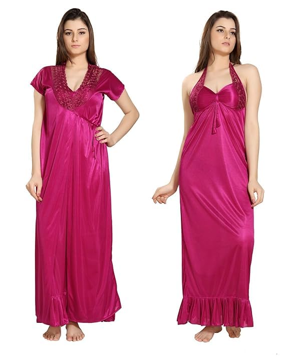 Women's Satin Solid Maxi Length Nighty with Robe(Nightwear Set Pack of 2) Perfect for Bedroom Special nightss Nightwear Valentine's day dreess Honeymoon