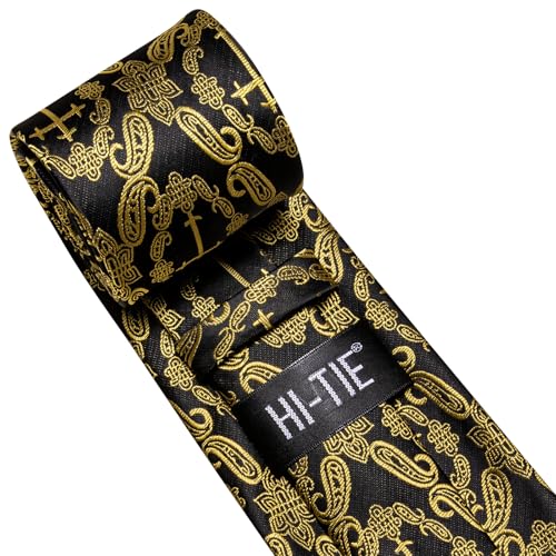 Image of Hi-Tie Mens Plaid Ties Classic Paisley Necktie with Handkerchief Cufflinks Set Business Stripe Tie