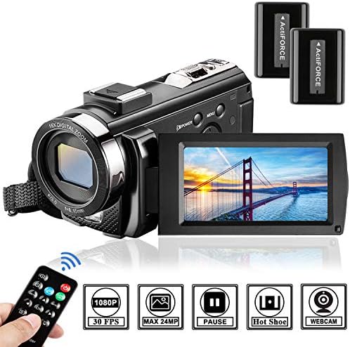 Video Camera Camcorder Digital Camera YouTube Vloggaing Camera Video Recorder Full HD 1080P 30FPS 24MP 3.0 Inch 270 Degree Rotation Screen16X Digital Zoom Camcorder with Remote Control (2 Batteries)
