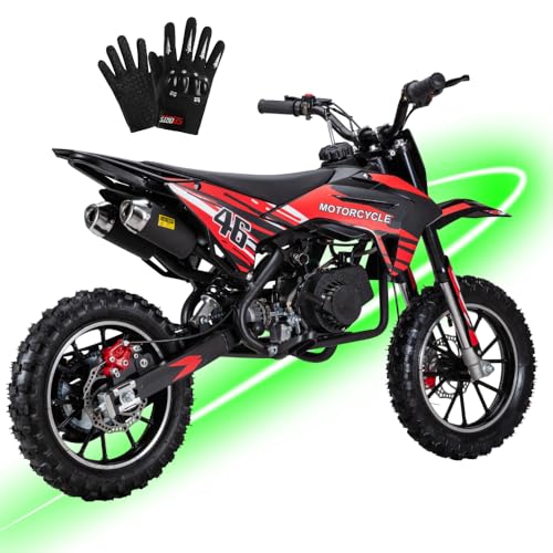 J10C 49cc Kids Dirt Bike, 2-Stroke Gas Powered Mini Dirt Bike for Kids Ages 8+, Dual Exhaust Sport Upgrade, Dual Disc Brakes & Suspension, Safe Chain Guard, 10