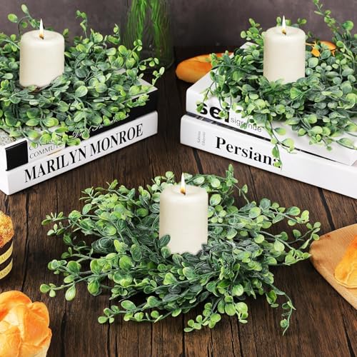 Image of Mini Green Boxwood Candle Rings Wreaths Spring Summer Kitchen Cabinet Swags Wreath 3 Inch Wedding Rings Wreaths Pillar Candle Holder for Wedding Home Door Tabletop Decor (4, Green Boxwood)