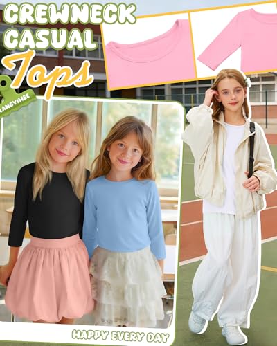 Image of 4 Pack Girls 3 /4 Sleeve T Shirts Kids Crewneck Elbow Sleeve Casual Tops Solid Basic Cute Teen Tees 5-14Y