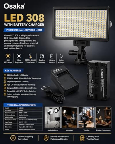 Image of Osaka Bi-Color Dimmable LED Video Light OS-LED-308 Pocket LED Slim for All DSLR Video Cameras YouTube Video tiktok Photography Shooting with F750 Battery 8000 mAh and Fast Charger