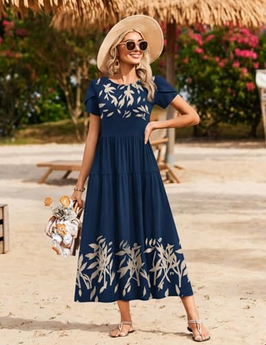 Image of Zeagoo Summer Dresses for Women 2026 Maxi Bohemian Floral Short Sleeve Long Dress Casual Flowy Tired Beach Sundress