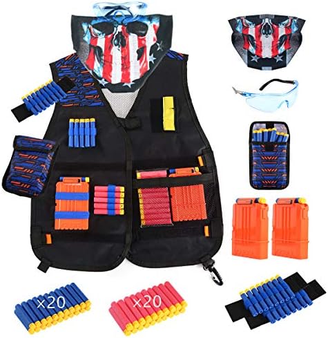 Locisne Kids Tactical Vest Kit for Nerf Guns N-Strike Elite Series, Tactical Jacket Vest with Refill Foam Darts, Dart Pouch, Reload Clips, Tactical Mask, Wrist Band and Protective Glasses for Boys