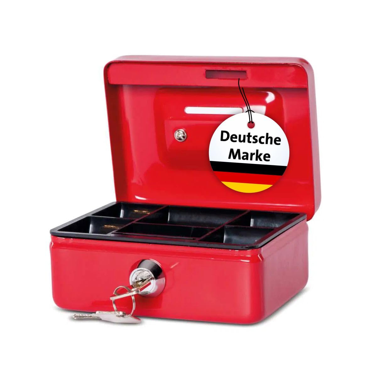 MAUL Geldkassette aus Stahl | 12,5x9,5x6,1cm | Kasse mit Münzeinwurfschlitz | Geldkassette abschließbar und tragbar | geeignet als Spardose, Kaffeekasse, Sparkasse, Trinkgeldkasse | Rot