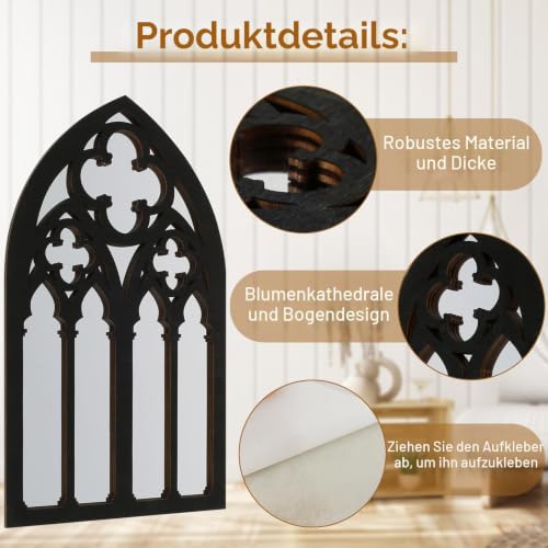 3 x gotische Spiegel, Wanddekoration, gewölbter Fenster-Wandspiegel, großer Gothic-Wandspiegel, schwarz, groß, Gothic-Spiegel, Wand für Wohnzimmer, Schlafzimmer, Badezimmer – Bild 4