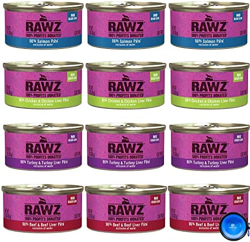 Rawz Natural Premium Pate Canned Cat Wet Food -12 Pack Cans Variety Bundle Pack -4 Flavors – (Salmon, Chicken, Turkey, Beef) with Hotspot Pets Food Bowl – (3oz Cans)