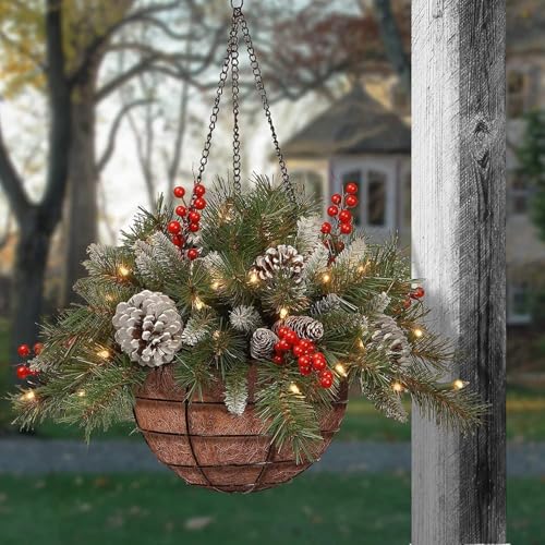 Pre-Lit Artificial Christmas Hanging Basket,Winter Hanging Baskets for Outdoors,with Pine Red Berries Pinecones,Festive HangingPlanter with LED Lights,for Outside Porch Front Door Garden,Patio Decor