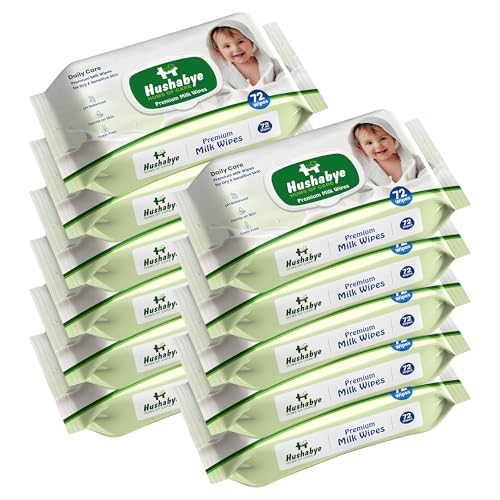 Image of Hushabye Premium Milk Baby Wipes with lid- 0+ Months, pH balanced, Paraben & Alcohol Free, Moisturising & Thick Wipes with purified Water, Gentle & soothing, 792pcs, Pack of 11