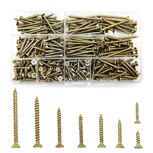 335 Pcs Self-tapping Wood Screw Kits, Assorted Cross Pan Head Countersunk Zinc-Plated Concrete Screws, Drywall Screws for Door Hinges, Repairs, Self Drilling Chipboard Screws