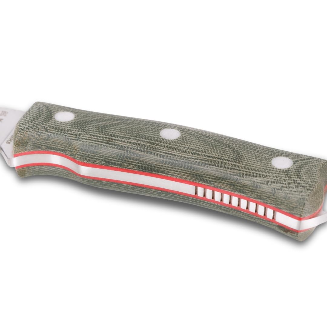 Joker Bushcraft-Messer Bushcrafter CV120, Micarta-Griff, 10,5 cm Klinge aus Böhler N695 Stahl, mit schwarzer Lederscheide und Parakord 550, Werkzeug zum Fischen, Jagen, Camping und Wandern