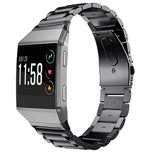SHANGPULE Compatible with Fitbit Ionic Band, Stainless Steel Metal Replacement Bracelet Strap with Folding Clasp Compatible for Fitbit Ionic Smart Watch(Black)