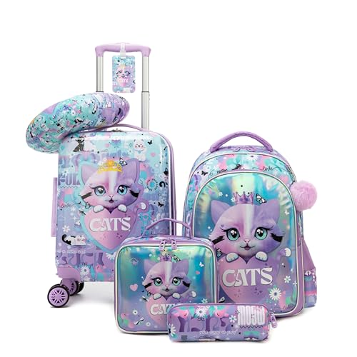 Inprof Kid’s Luggage Set 5 Piece Suitcase Set 16’’ Hardside Luggage with Spinner Wheels Girls Carry on Toddler Travel Rolling Suitcase Carry on Luggage Airline Approved, 05 Purple Cat, 16 inch