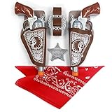 itsSpooky 7Pc's Cowboy Costume Set for Adults & Teens – 2 Toy Prop with Dual Holsters, Belt, Sheriff Badge & Bandana | Western Cowboy Dress-Up Accessories for Halloween, Role Play & Theme Parties