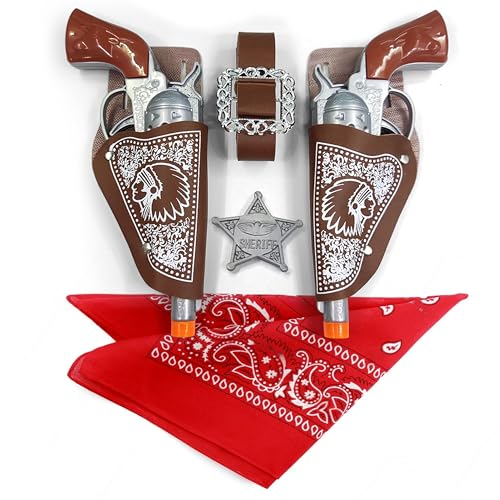 itsSpooky 7Pc's Cowboy Costume Set for Adults & Teens – 2 Toy Prop with Dual Holsters, Belt, Sheriff Badge & Bandana | Western Cowboy Dress-Up Accessories for Halloween, Role Play & Theme Parties