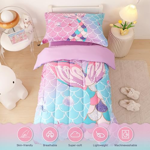 Image of VIVILINEN Toddler Bedding Set for Girls 4-Piece Mermaid Tail Toddler Comforter Sets for Baby Purple Blue Toddler Bed Bedding Baby Bedroom Set, Include Comforter, Flat Sheet, Fitted Sheet, Pillowcase