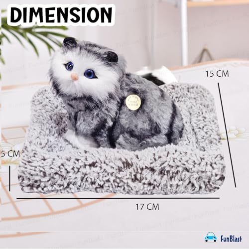 Image of FunBlast Cute Cat Plush Toy with Meow Sound, Toy Accessories for Car Dashboard & Home Decor, Realistic Cat Pet Toys with Bed, Gift for Kids (Grey+Black)