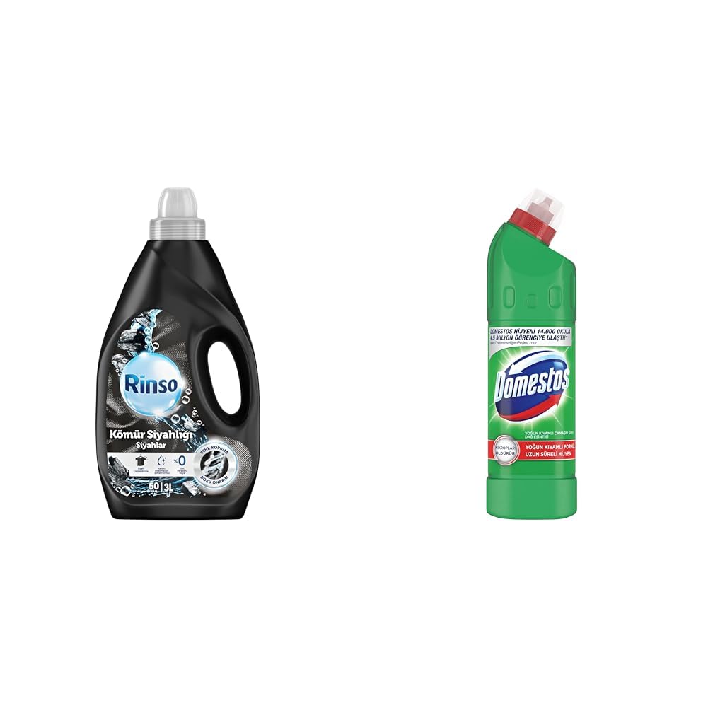 Rinso Sıvı Çamaşır Deterjanı Kömür Siyahlığı, Siyahlar İçin 3L(1) Domestos Yoğun Kıvamlı Çamaşır Suyu Maksimum Hijyen Dağ Esintisi, 750 ml(3)
