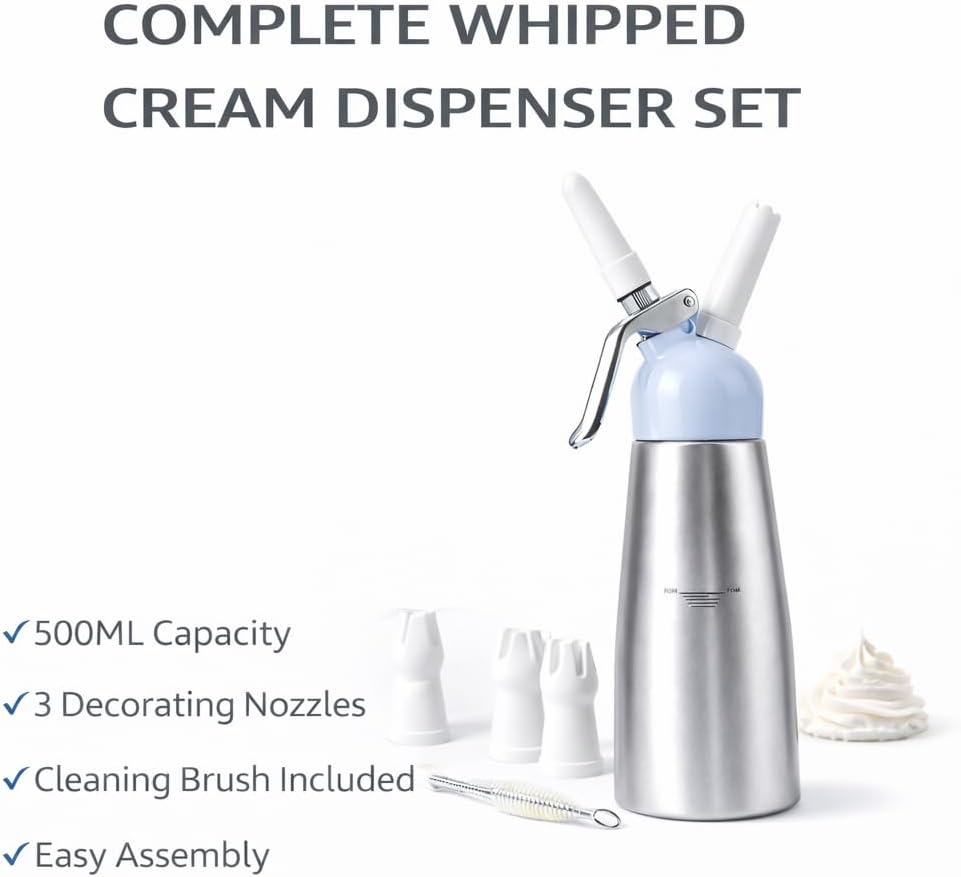 KITZA Aluminum Whipped Cream Dispenser, 500ML, 3 Nozzles & Brush