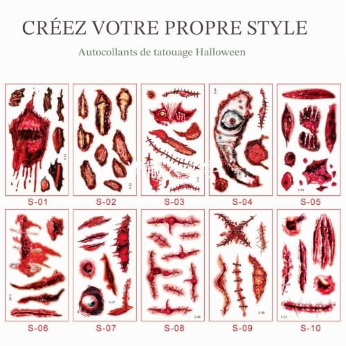 Tatouage Halloween, Tatouages Temporaires Halloween, Halloween Zombie Cicatrices Tatouages, Tatouage Temporaire Enfant, pour Maquillage Halloween Cosplay – vue 2